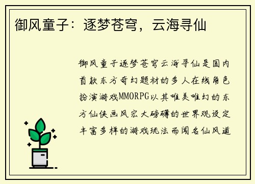 御风童子：逐梦苍穹，云海寻仙