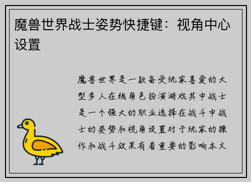 魔兽世界战士姿势快捷键：视角中心设置